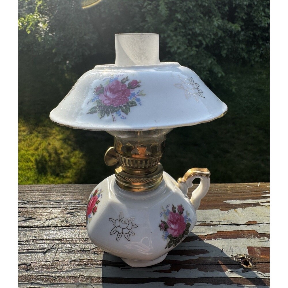 Vintage Miniature Porcelain Oil Lamp Pink Rose Floral Gold Trim Cottagecore